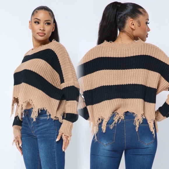 Striped distressed sweater in taupe and black - Picture 4 of 10